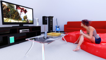 Картинка 3д+графика люди+ people стол телевизор интерьер гитара кровать фон взгляд девушка