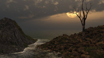 Картинка 3д+графика природа+ nature облака закат холмы море