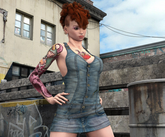 Обои картинки фото 3д графика, люди , people, взгляд, девушка, рыжая, тату, фон