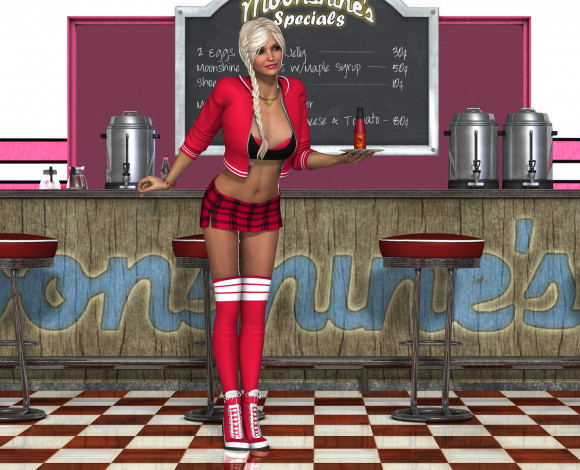 Обои картинки фото 3д графика, люди , people, фон, блондинка, девушка, взгляд, бар