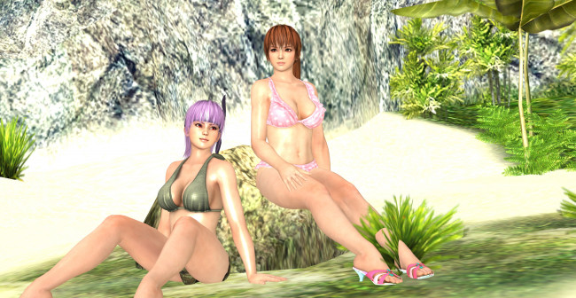 Обои картинки фото 3д графика, аниме , anime, пляж, фон, взгляд, девушки