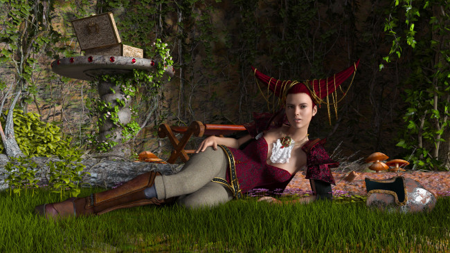 Обои картинки фото 3д графика, фантазия , fantasy, грибы, фон, взгляд, девушка