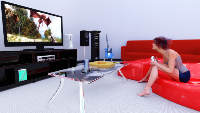 Обои картинки фото 3д графика, люди , people, стол, телевизор, интерьер, гитара, кровать, фон, взгляд, девушка