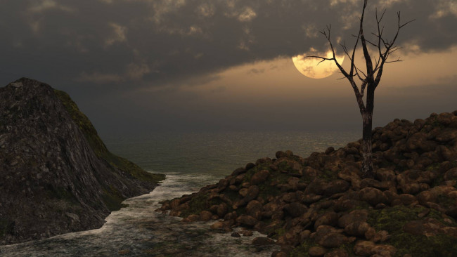 Обои картинки фото 3д графика, природа , nature, облака, закат, холмы, море