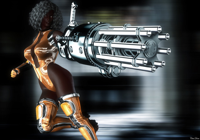 Обои картинки фото 3д графика, фантазия , fantasy, оружие, фон, девушка, взгляд