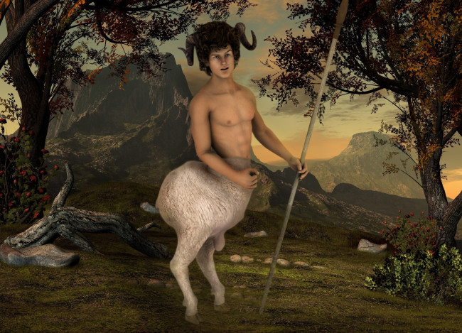 Обои картинки фото 3д графика, существа , creatures, silenus, the, satyr, рога, взгляд, фон