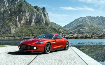 Картинка автомобили aston+martin астон мартин поселок озеро красный zagato vanquish горы