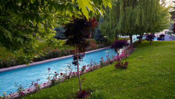 Картинка природа парк водоем клумбы лужайка деревья