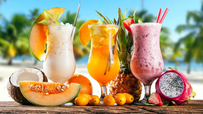 Обои картинки фото еда, напитки,  коктейль, ананас, папайя, кокос, фрукты, коктейли, экзотические