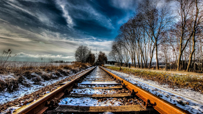 Обои картинки фото разное, транспортные средства и магистрали, железная, дорога, зима, снег, поле, деревья