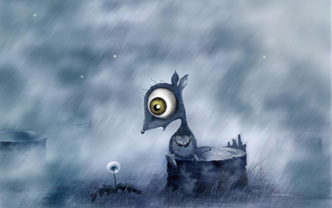 Обои картинки фото рисованное, животные,  мыши,  крысы, мышонок, глаза, пень, дождь, одуванчик
