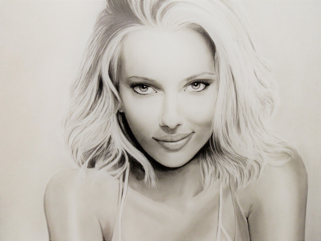 Обои картинки фото scarlett johasson, рисованное, люди, взгляд, улыбка, фон, девушка