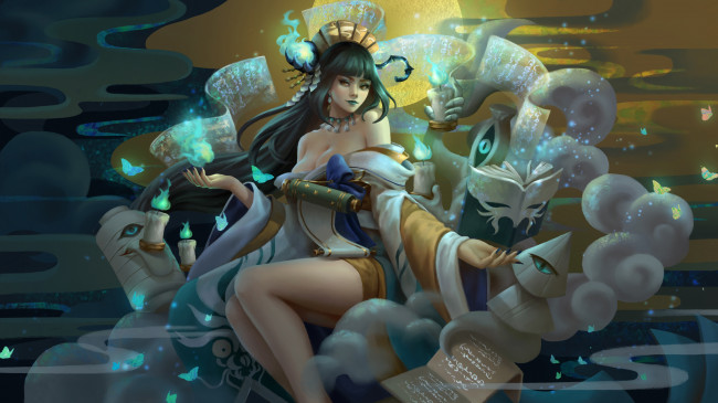 Обои картинки фото аниме, onmyouji, книга, маг, storyteller, aoandon, onmyoji, art, девушка, свеча