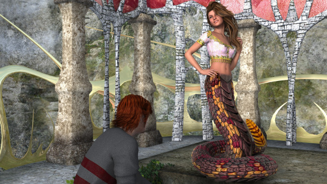 Обои картинки фото 3д графика, существа , creatures, парень, naga, фон, взгляд, девушка