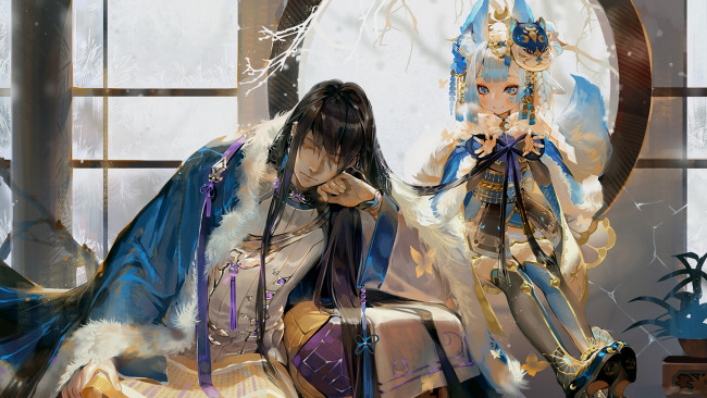 Обои картинки фото аниме, животные,  существа, парень, девочка