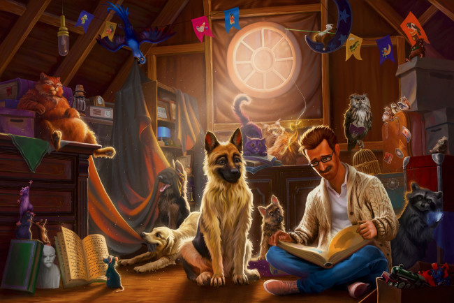 Обои картинки фото рисованное, люди, животные, комната, фон, мужчина, книга