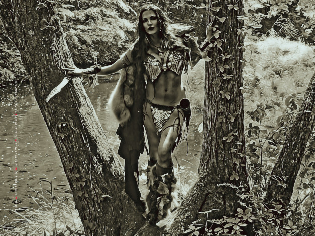 Обои картинки фото календари, компьютерный дизайн, 2019, calendar, женщина, нож, оружие, растение, дерево, природа, девушка, копслей