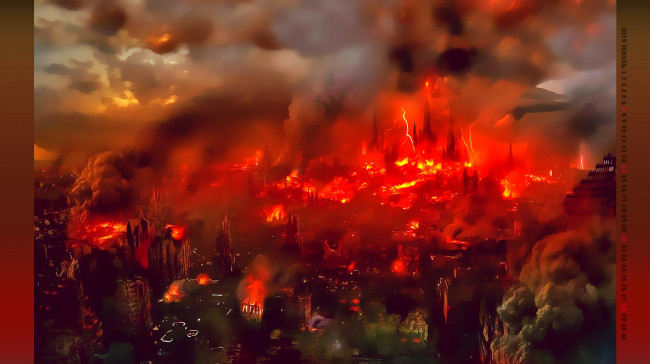 Обои картинки фото календари, фэнтези, пламя, calendar, 2019, город, здание, пожар