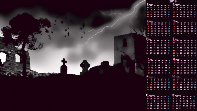 Обои картинки фото календари, фэнтези, дерево, ночь, кладбище, могила, calendar, 2019, крест, молния