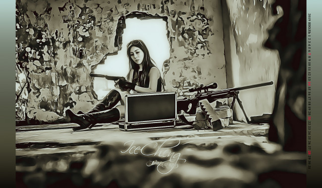 Обои картинки фото календари, компьютерный дизайн, 2019, calendar, оружие, сидит, женщина, помещение, девушка, кейс