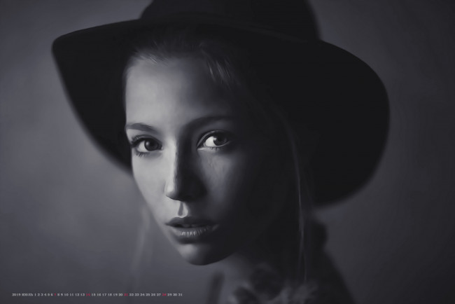 Обои картинки фото календари, компьютерный дизайн, 2019, calendar, женщина, взгляд, лицо, девушка, шляпа