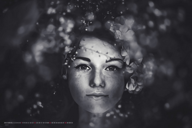 Обои картинки фото календари, компьютерный дизайн, 2019, calendar, женщина, взгляд, цветы, венок, лицо, девушка