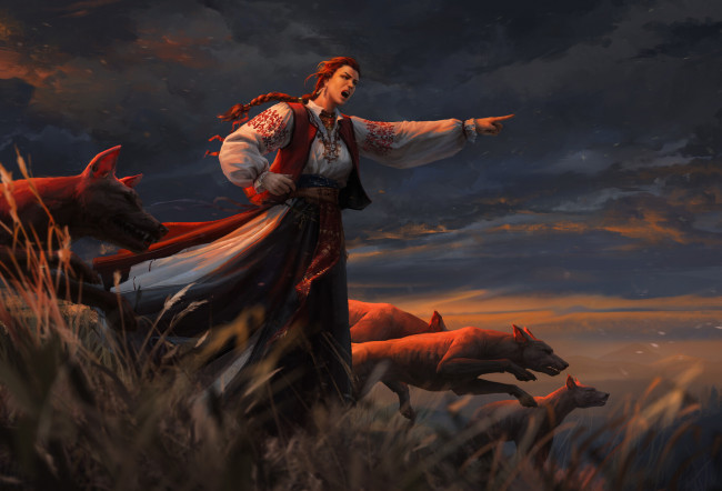 Обои картинки фото фэнтези, красавицы и чудовища, собаки, коса, девушка, приказ, трава, тучи, поле