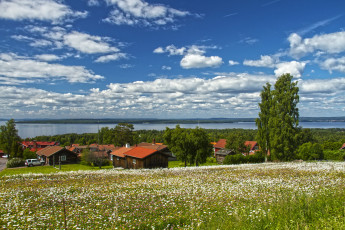 Картинка швеция даларна города пейзажи дома поля река