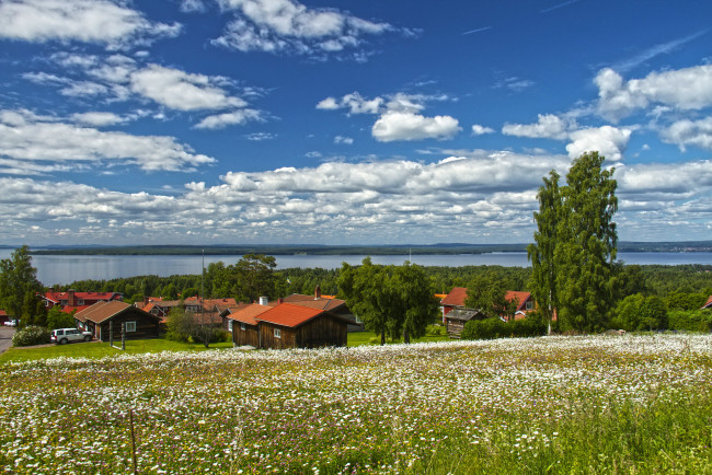 Обои картинки фото швеция, даларна, города, пейзажи, дома, поля, река