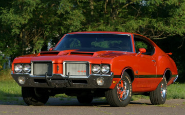 Картинка автомобили oldsmobile купе кутласс олдсмобиль 1972 cutlass 442 w-30 hardtop coupe фон деревья оранжевый передок muscle car мускул кар