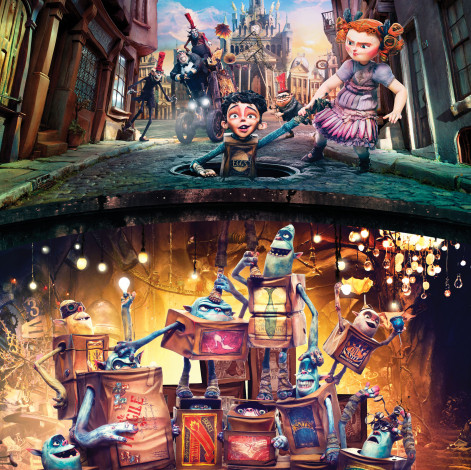 Обои картинки фото the boxtrolls, мультфильмы, дорога, город, люк, мальчик, девочка, чудики, монстры, улица