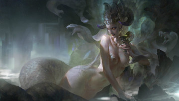 Картинка фэнтези существа рога двушка змея арт