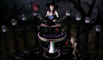 Картинка 3д+графика фантазия+ fantasy эльфийка взгляд фон магия цепь книга существо символы