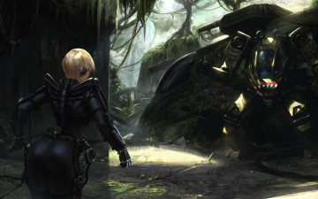 Картинка фэнтези роботы +киборги +механизмы экзоскелет блондинка девушка попа арт задница heavy metal робот джунгли танк фантастика