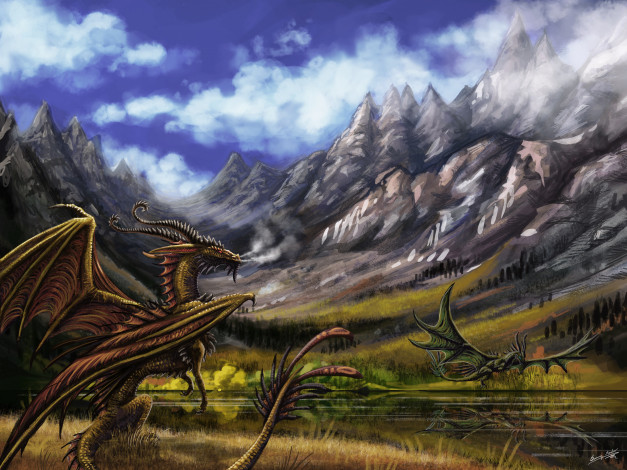 Обои картинки фото рисованное, животные,  сказочные,  мифические, горы, драконы