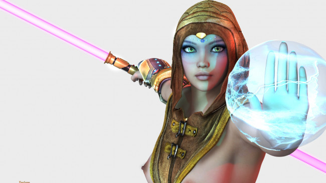 Обои картинки фото 3д графика, люди , people, магия, оружие, фон, взгляд, девушка