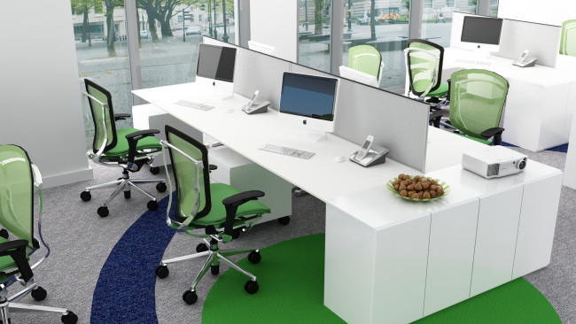 Обои картинки фото 3д графика, реализм , realism, окна, офис, компьютер, стулья, стол