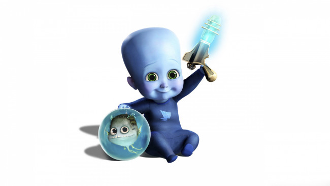 Обои картинки фото мультфильмы, megamind, мегамозг, малыш, рыба, бластер, синий
