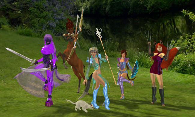 Обои картинки фото 3д графика, эльфы , elves, луг, оружие, фон, взгляд, эльфийки