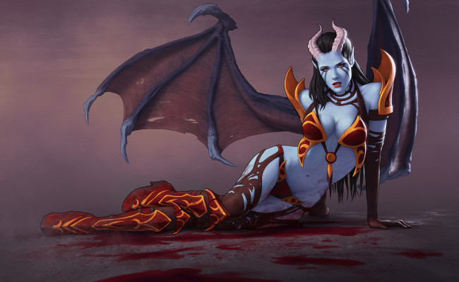 Обои картинки фото видео игры, dota 2, грудь, moba, рога, арт, девушка, queen, of, pain, крылья, dota, 2, akasha