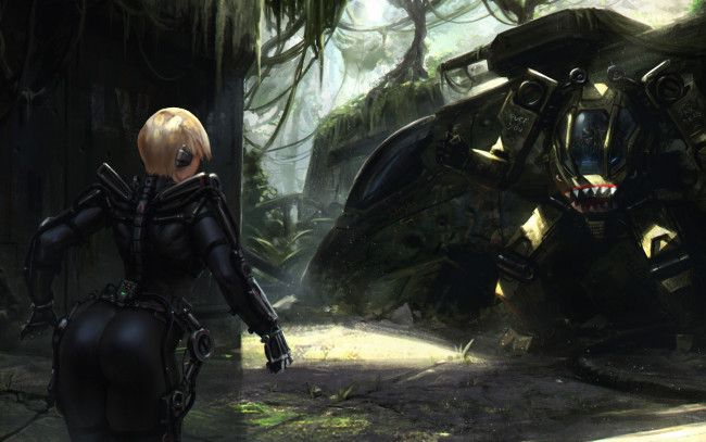 Обои картинки фото фэнтези, роботы,  киборги,  механизмы, экзоскелет, блондинка, девушка, попа, арт, задница, heavy, metal, робот, джунгли, танк, фантастика