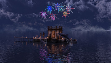 Картинка 3д+графика реализм+ realism люди вода домик дельфин салют