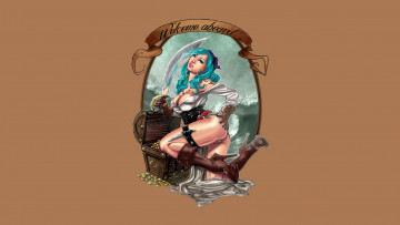 Картинка рисованное люди сабля взгляд фон девушка золото сундук