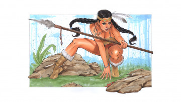 Картинка рисованное люди взгляд фон девушка копьё