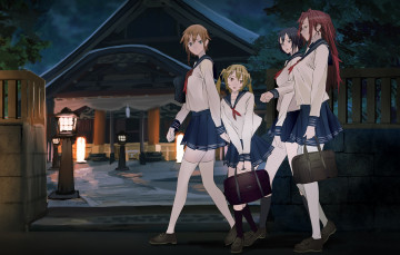 Картинка аниме город +улицы +здания девушки взгляд фон