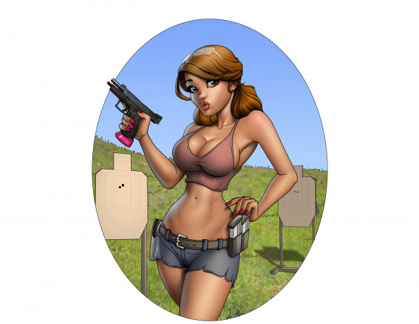 Обои картинки фото рисованное, люди, мишень, пистолет, девушка, фон, взгляд