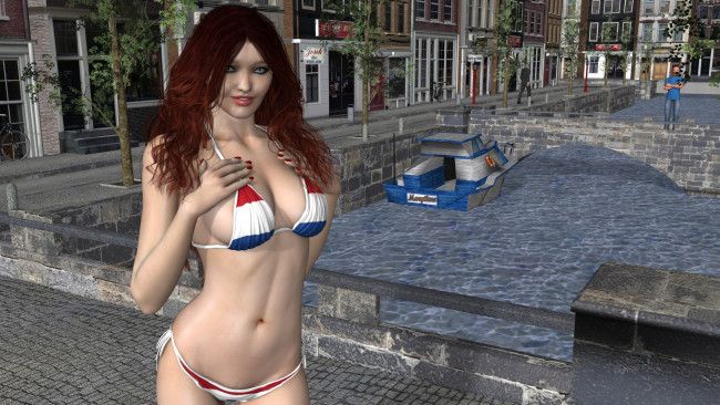 Обои картинки фото 3д графика, люди , people, девушка, взгляд, купальник, фон