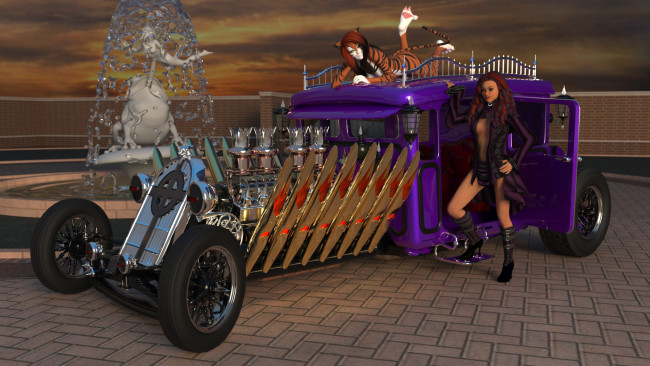 Обои картинки фото 3д графика, люди-авто, мото , people- car ,  moto, фон, взгляд, автомобиль, девушки