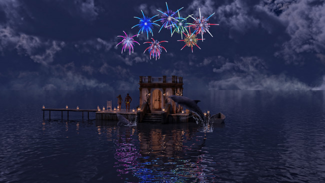 Обои картинки фото 3д графика, реализм , realism, люди, вода, домик, дельфин, салют