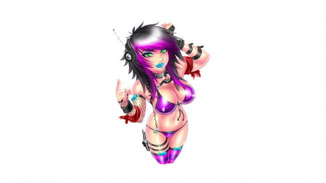 Обои картинки фото рисованное, комиксы, наушники, чулки, взгляд, девушка, фон, купальник